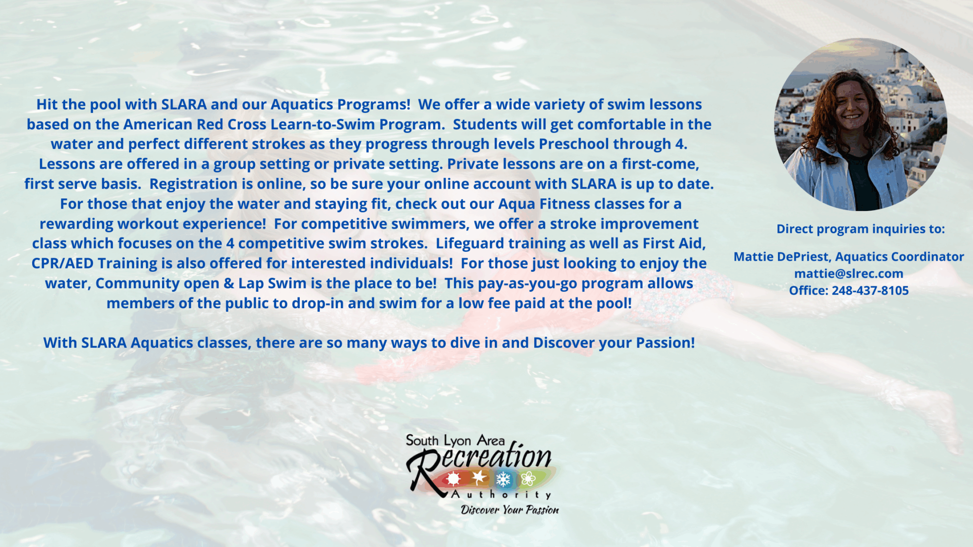 SLARA aquatics programs and swim classes information.
