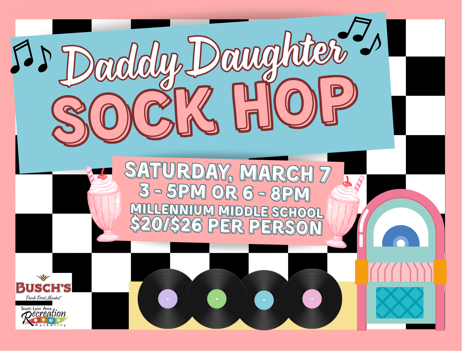 Daddy Daughter Sock Hop event flyer with details.