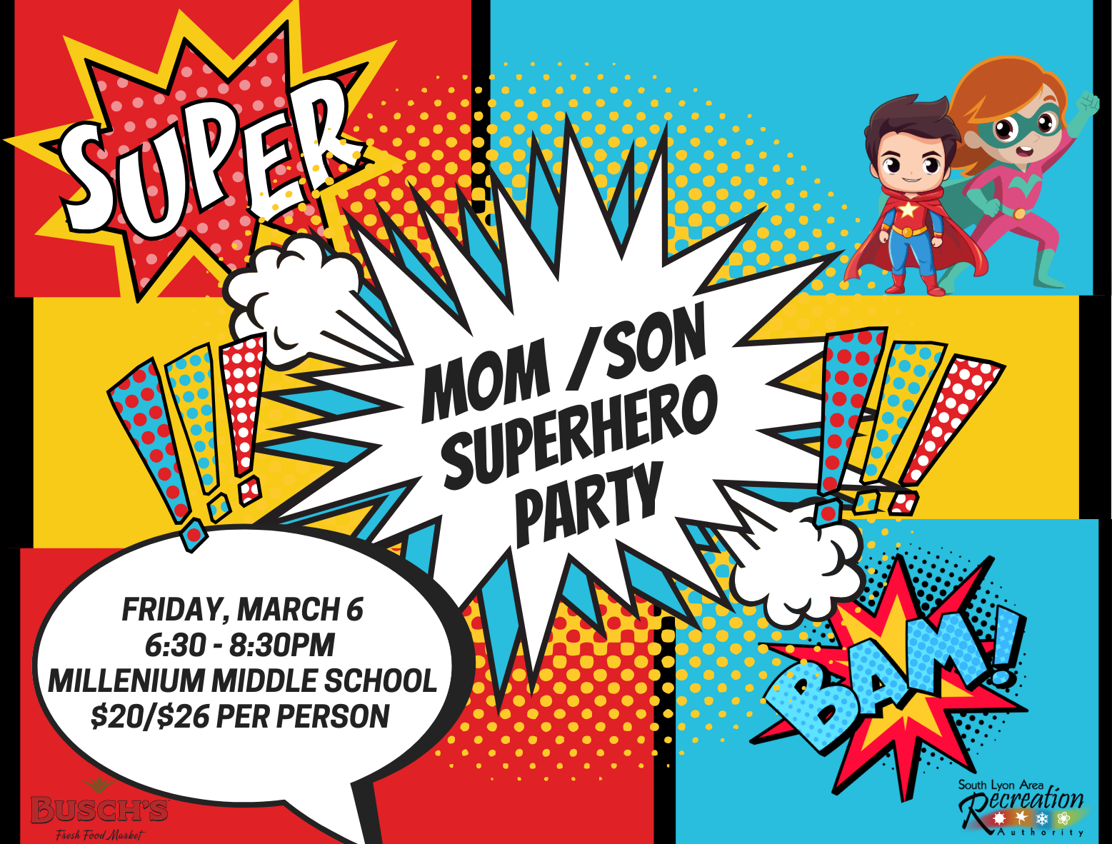 Mom Son Superhero Party flyer, event details included.