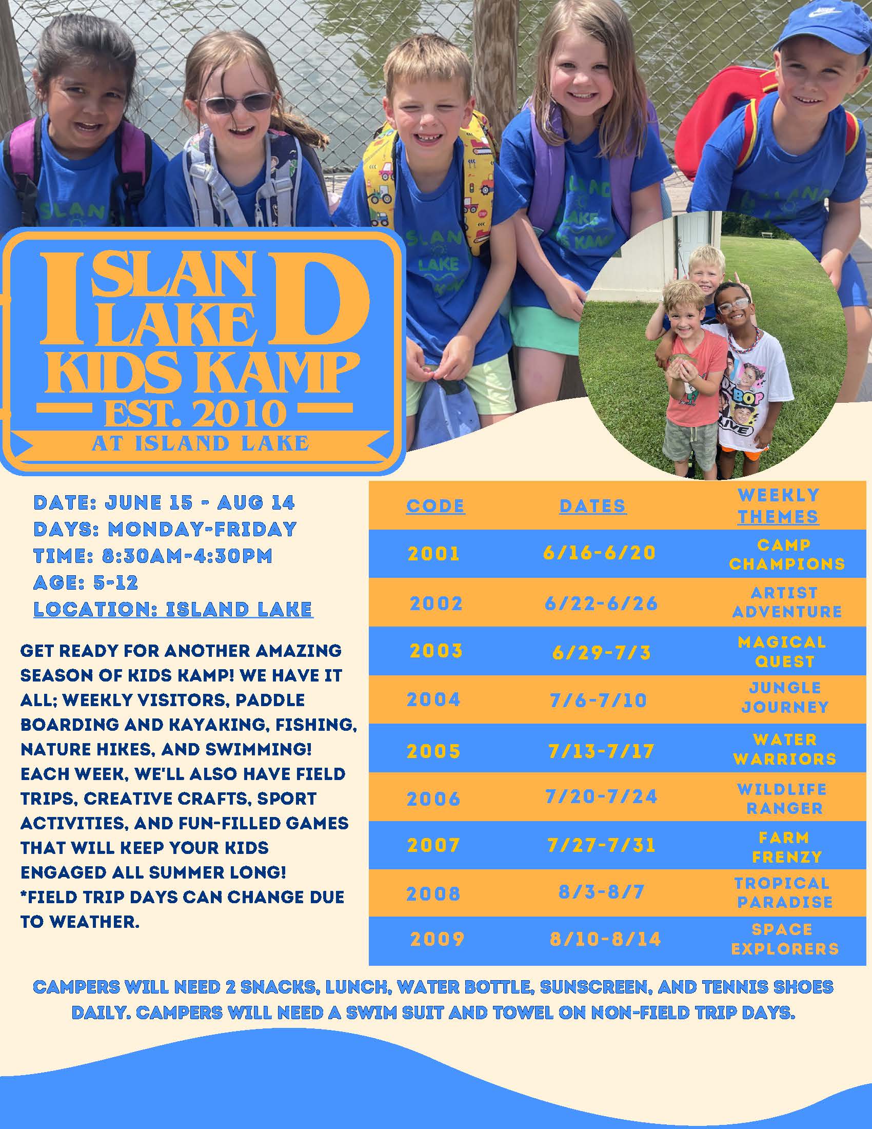 Island Lake Kids Kamp 2023 schedule and activities.