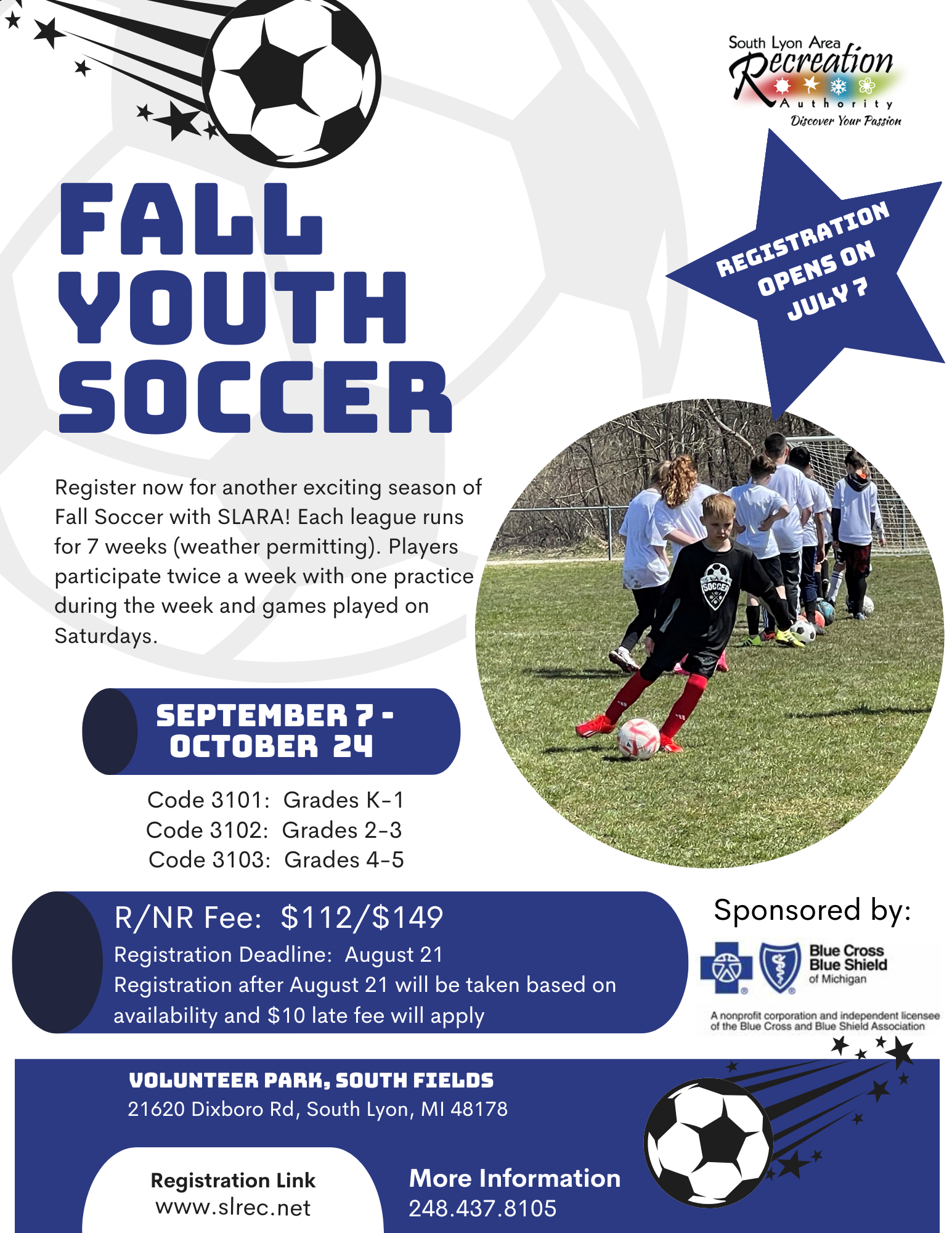 Fall youth soccer registration promotional flyer