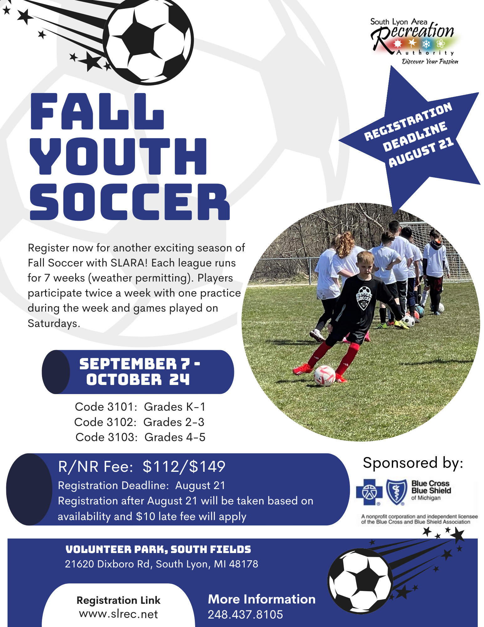 Fall youth soccer registration flyer for South Lyon Recreation
