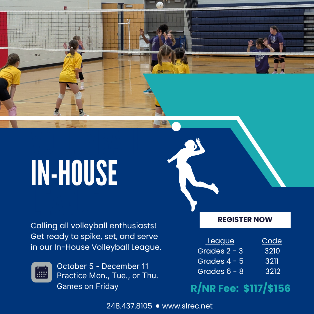 Youth in-house volleyball league registration flyer
