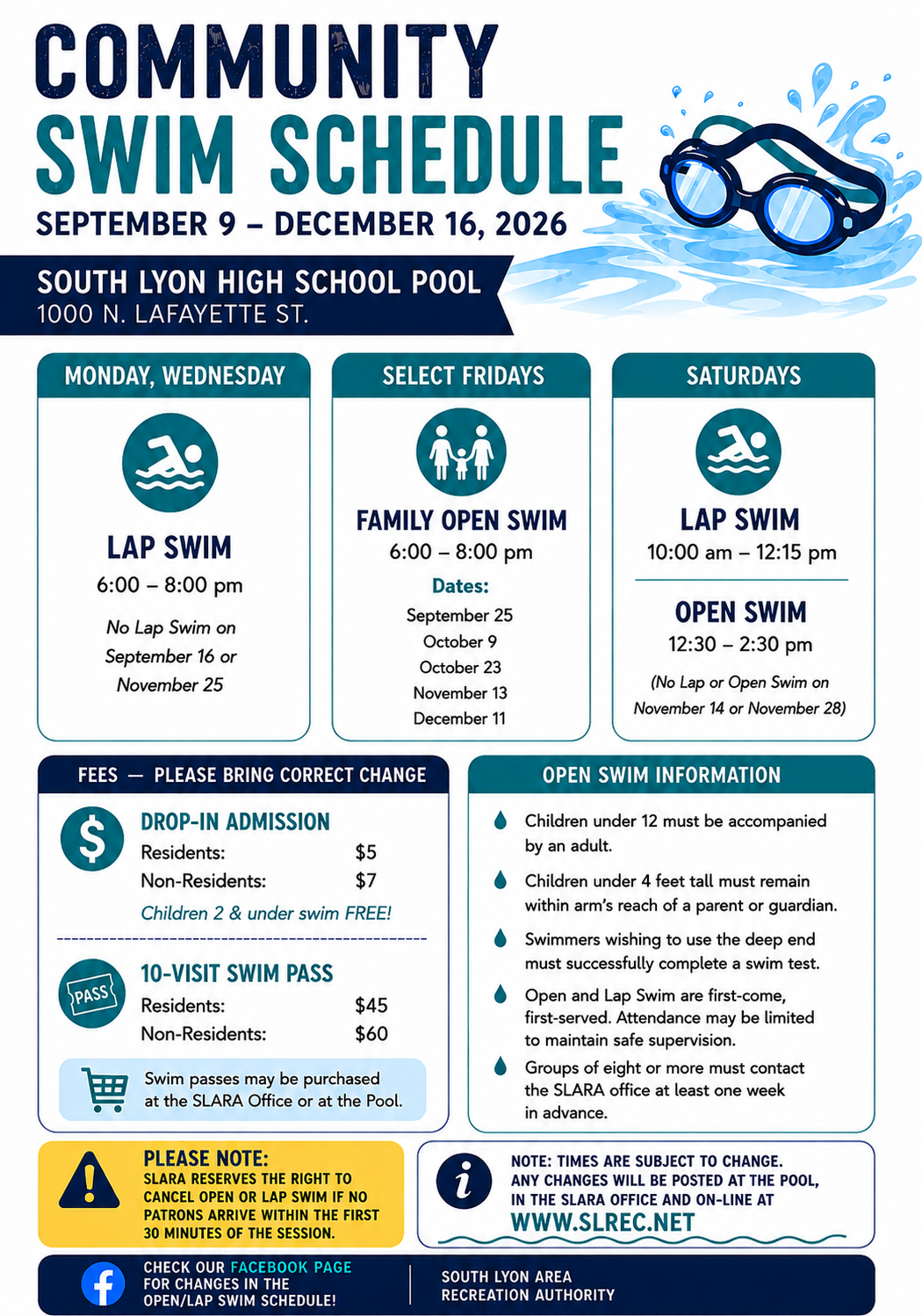 Community swim schedule flyer for South Lyon High School Pool