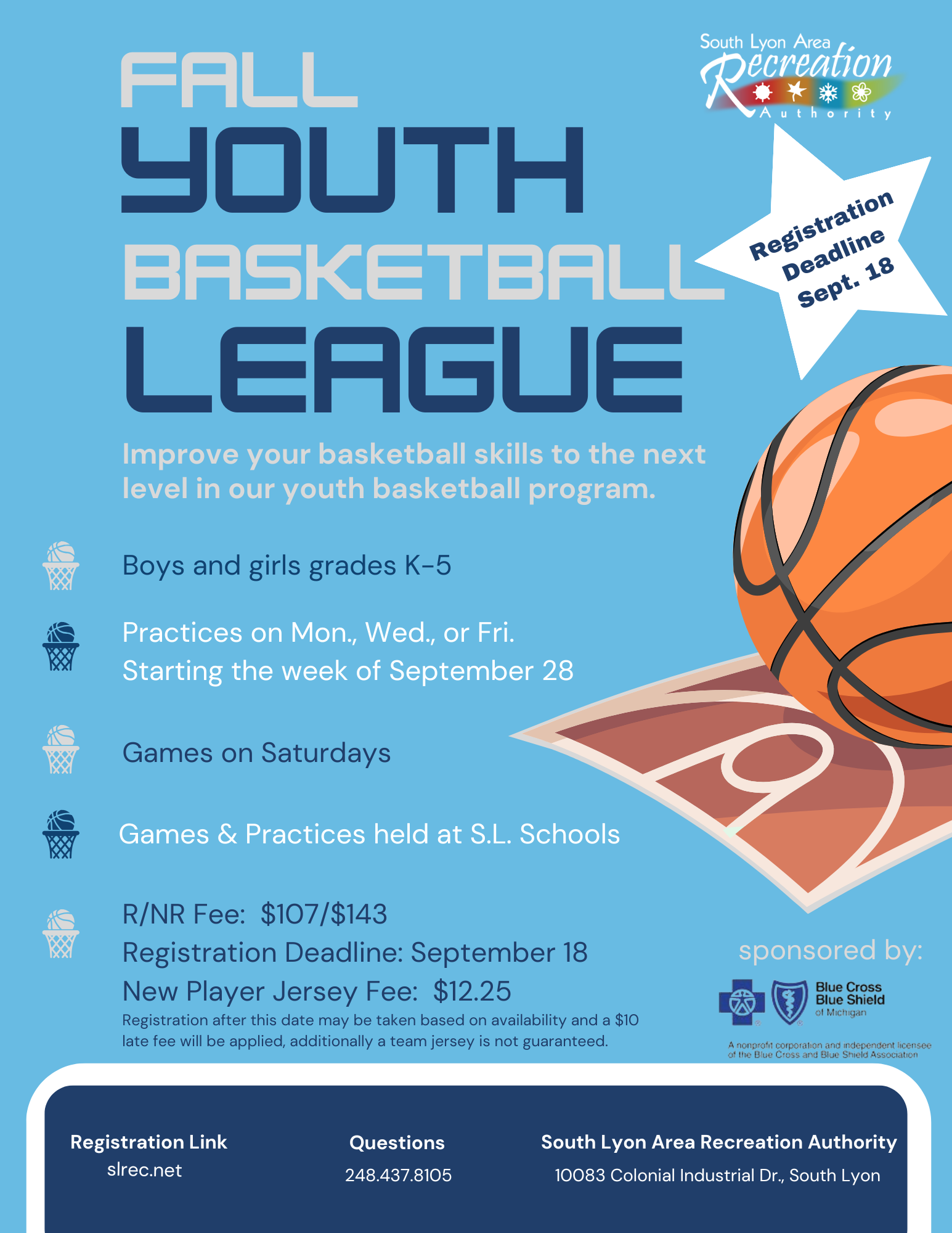 Fall youth basketball league registration flyer with basketball illustration