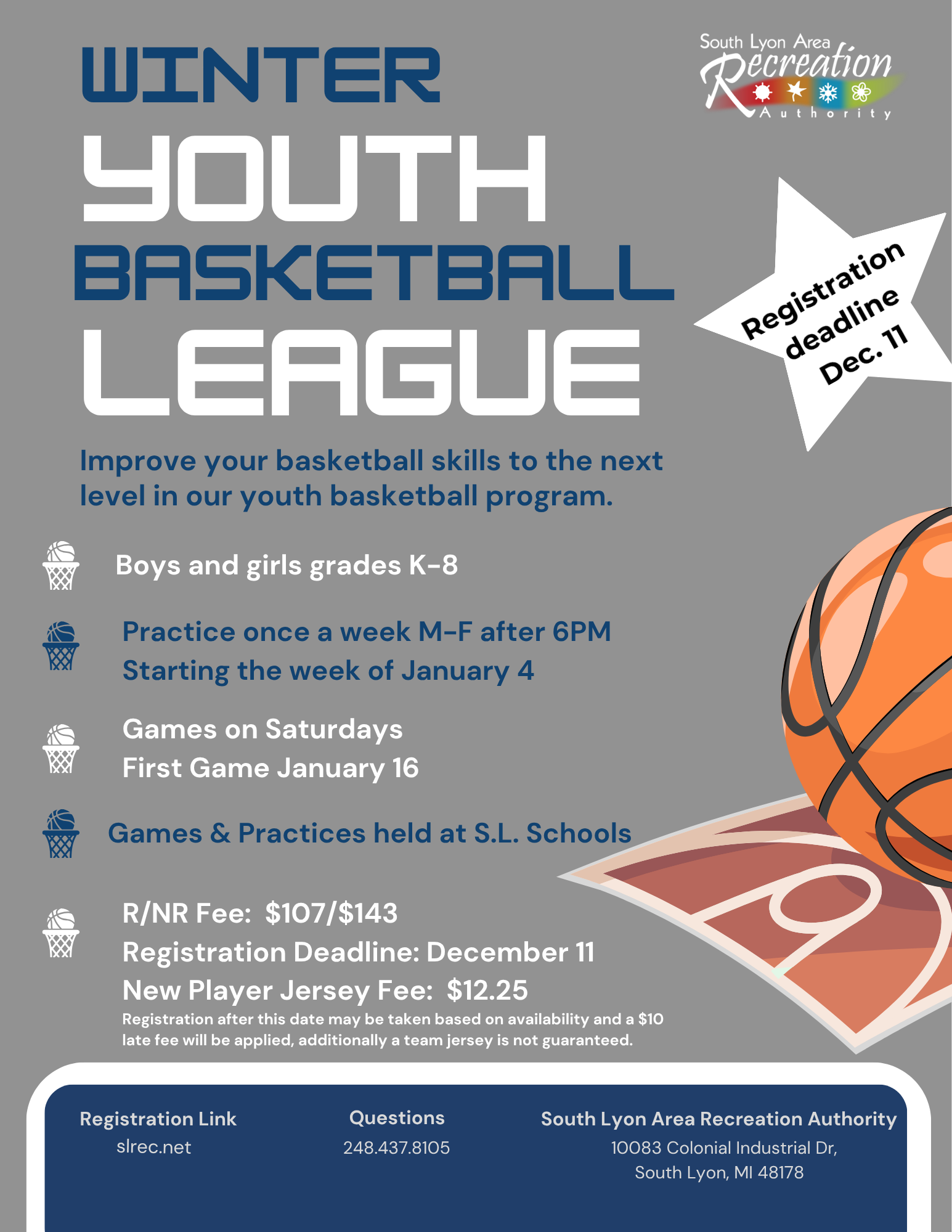 Winter youth basketball league registration flyer