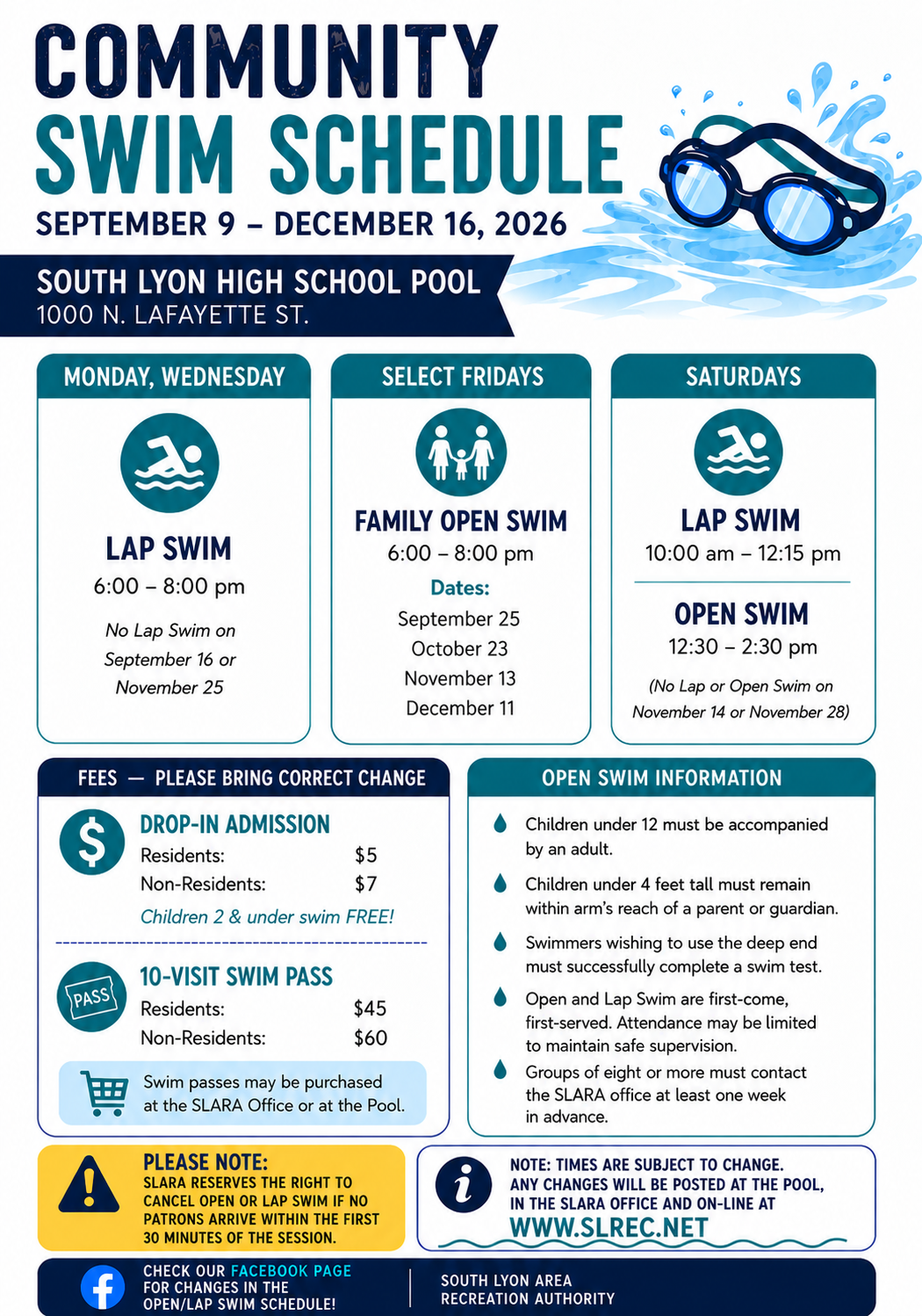Community swim schedule flyer with times, fees, and pool rules