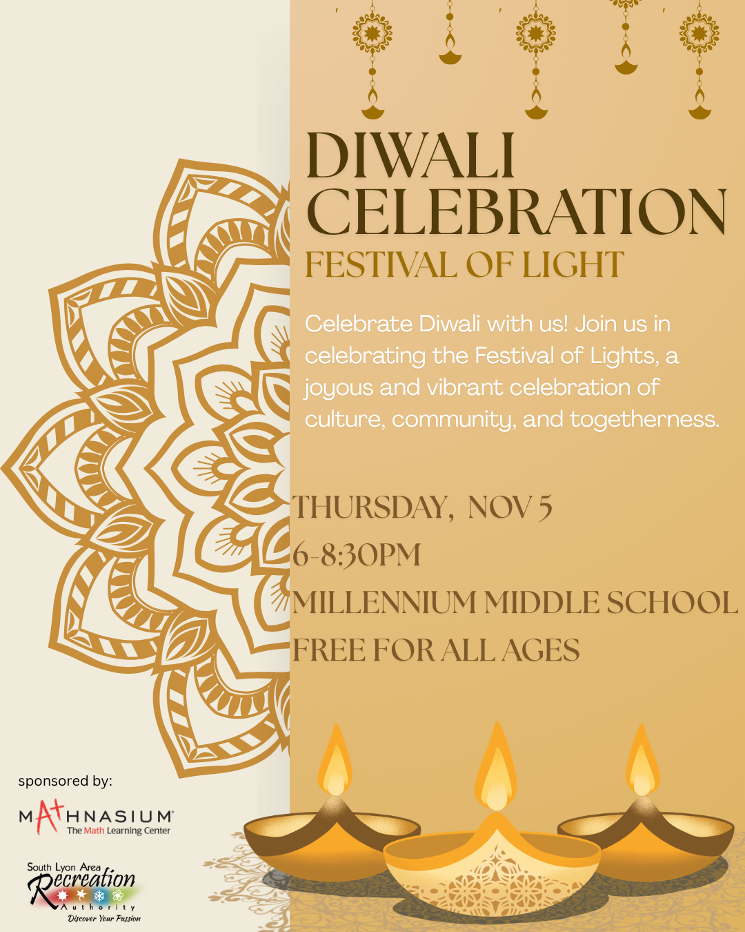 Diwali celebration flyer with lamps, mandala, event details