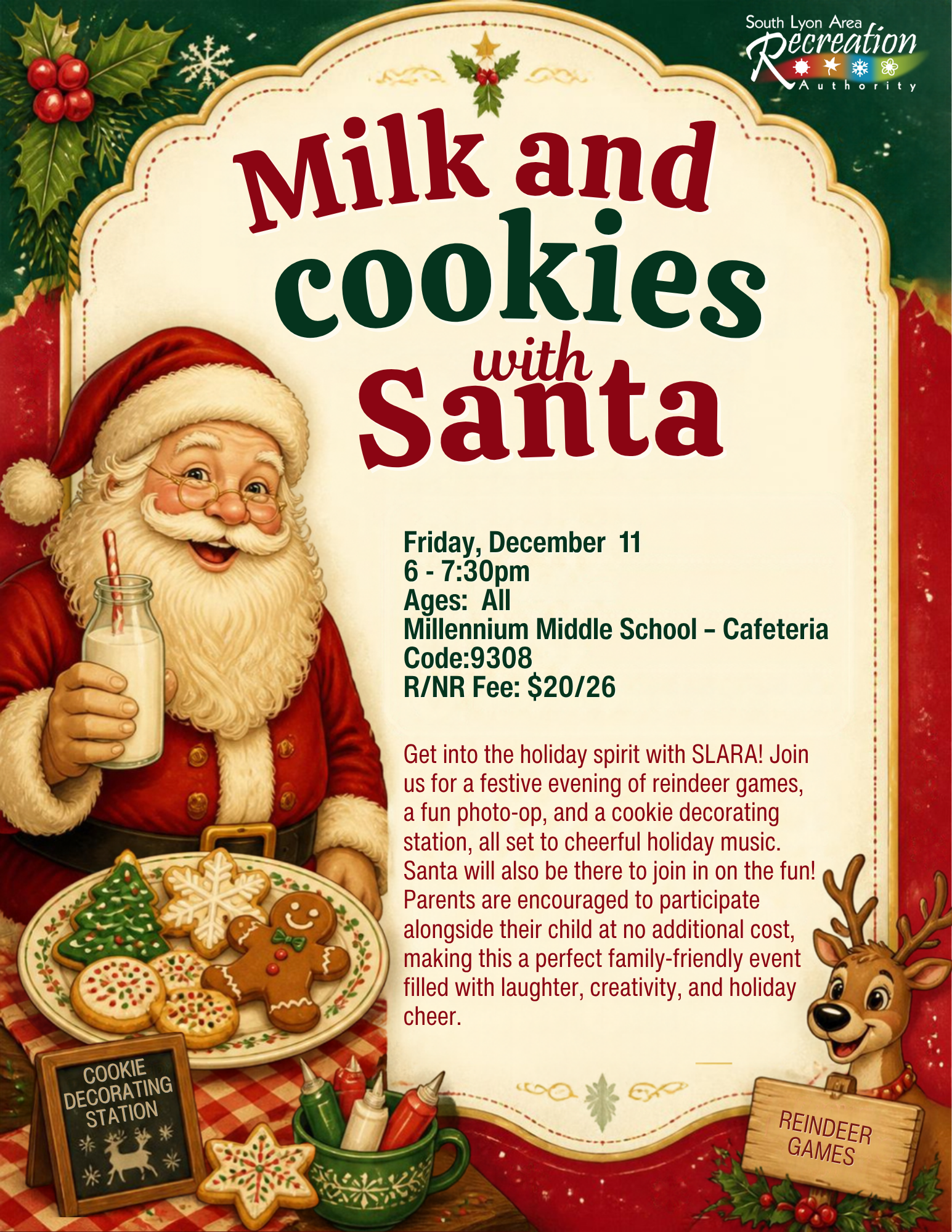Milk and Cookies with Santa holiday event poster